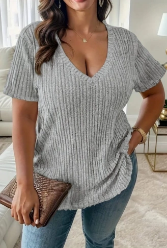 Kadın Kısa Kollu V Yaka Fitilli Kaşkorse Bluz