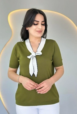 Kadın Kısa Kollu V Yaka Fular Detay Merserize Triko Bbluz