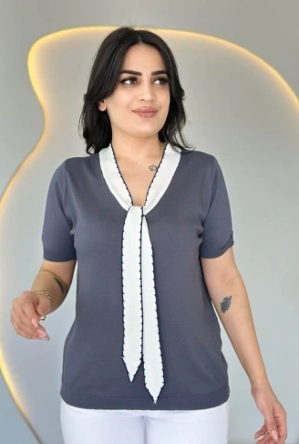 Kadın Kısa Kollu V Yaka Fular Detay Merserize Triko Bbluz