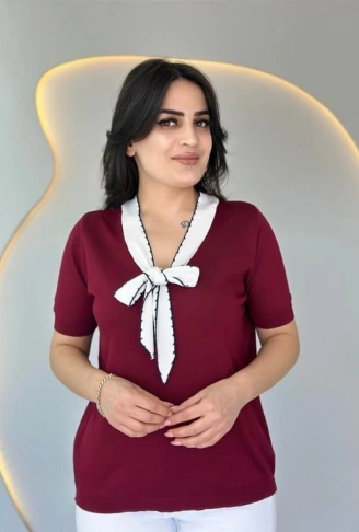 Kadın Kısa Kollu V Yaka Fular Detay Merserize Triko Bbluz