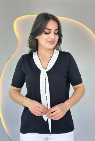 Kadın Kısa Kollu V Yaka Fular Detay Merserize Triko Bbluz