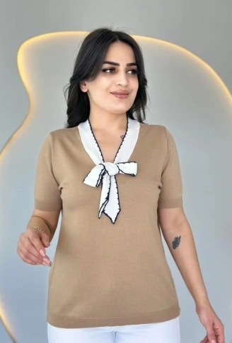 Kadın Kısa Kollu V Yaka Fular Detay Merserize Triko Bbluz