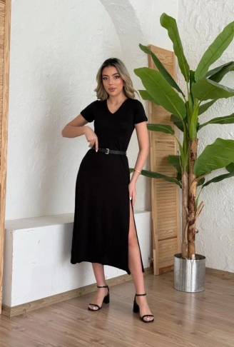 Kadın Kısa Kollu V Yaka Maxi Boy Elbise 124 Cm