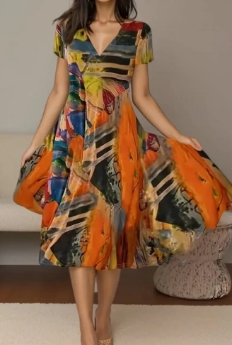 Kadın Kısa Kollu V Yaka Renkli Karışık Desen Kloş Süprem Midi Elbise