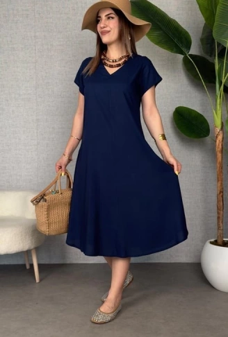 Kadın Kısa Kollu V Yaka Salaş Maxi Boy Elbise