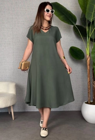 Kadın Kısa Kollu V Yaka Salaş Maxi Boy Elbise