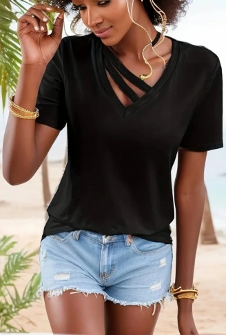 Kadın Kısa Kollu V Yaka şerit Detay Viskon Bluz