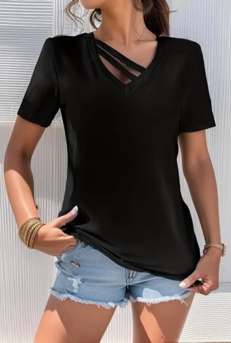 Kadın Kısa Kollu V Yaka şerit Detay Viskon Bluz