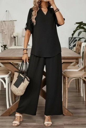 Kadın Kısa Kollu V Yakalı Aerobin Bluz Ve Pantolon Ikili Takım