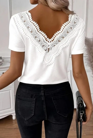 Kadın Kısa Kollu V Yakalı Arkası Dantelli Viskon Bluz