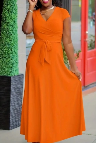 Kadın Kısa Kollu V Yakalı Belden Kuşaklı Maksi Boy Viskon Elbise