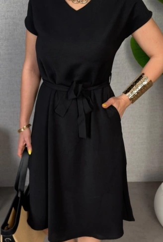 Kadın Kısa Kollu V Yakalı Beli Kuşaklı Ithal Keten Elbise