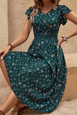 Kadın Kısa Kollu V Yakalı Beli Lastikli çiçek Desenli Süprem Elbise