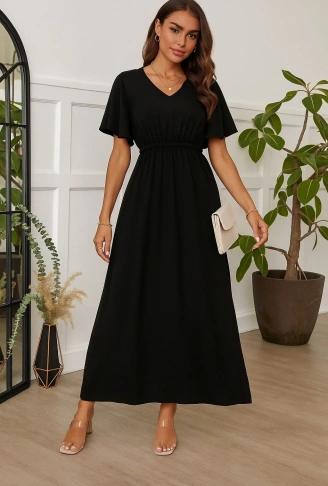 Kadın Kısa Kollu V Yakalı Beli Lastikli Uzun Viskon Elbise