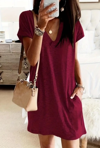 Kadın Kısa Kollu V Yakalı Cepli Kısa Viskon Elbise