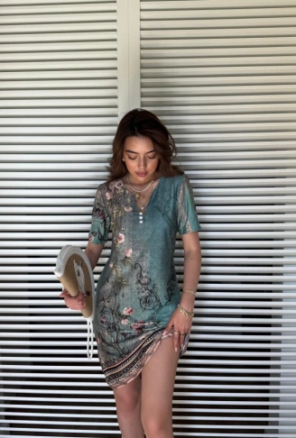 Kadın Kısa Kollu V Yakalı çiçek Baskılı Midi Süprem Elbise