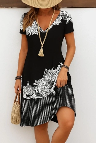 Kadın Kısa Kollu V Yakalı çiçek Baskılı Süprem Elbise