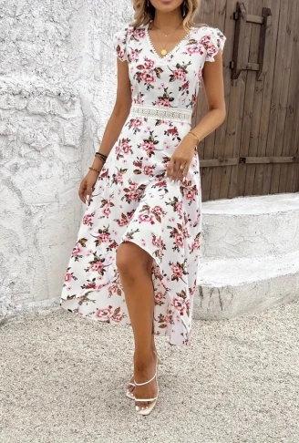 Kadın Kısa Kollu V Yakalı çiçek Desenli önü Kısa Arkası Uzun Süprem Elbise