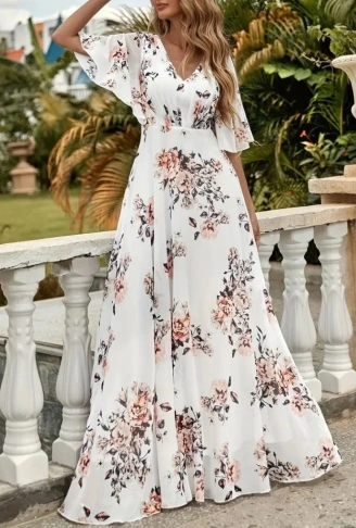 Kadın Kısa Kollu V Yakalı çiçek Desenli Süprem Elbise