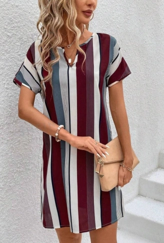 Kadın Kısa Kollu V Yakalı çizgi Baskılı Süprem Elbise