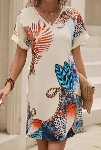 Kadın Kısa Kollu V Yakalı Desenli Mini Atlas Elbise