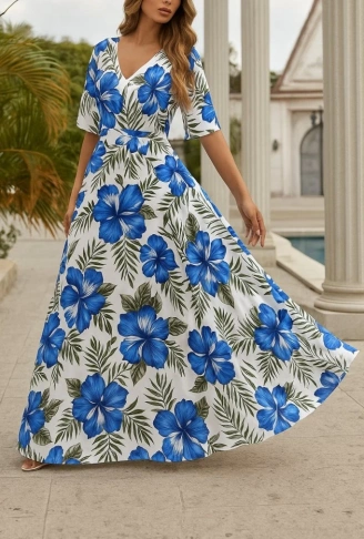 Kadın Kısa Kollu V Yakalı Desenli Süprem Elbise