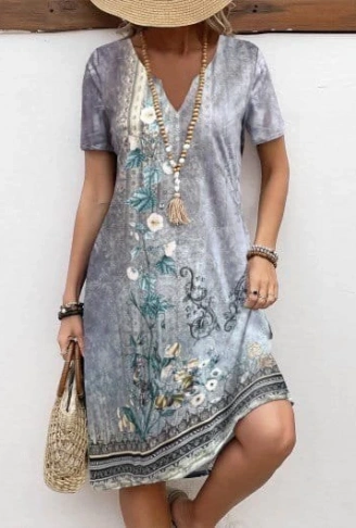 Kadın Kısa Kollu V Yakalı Desenli Süprem Elbise