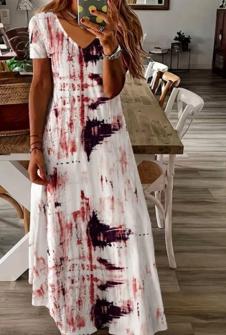 Kadın Kısa Kollu V Yakalı Desenli Uzun Süprem Elbise