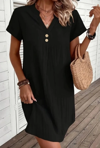 Kadın Kısa Kollu V Yakalı Düğmeli Müslim Kısa Elbise