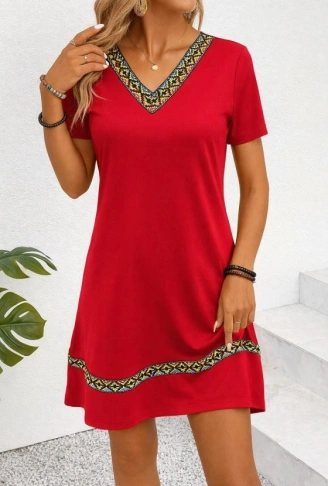 Kadın Kısa Kollu V Yakalı Etnik Desen şerit Detaylı Viskon Elbise
