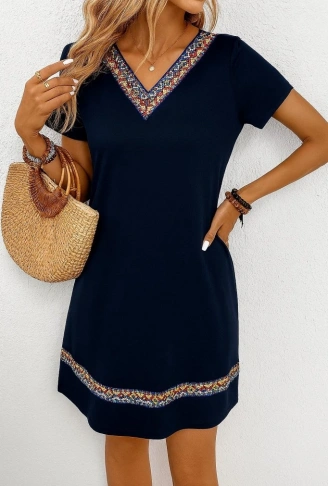 Kadın Kısa Kollu V Yakalı Etnik Desen şerit Detaylı Viskon Elbise