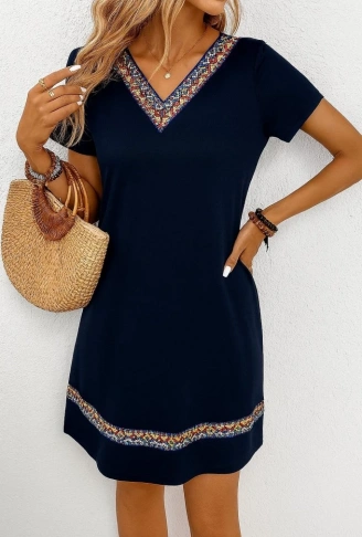 Kadın Kısa Kollu V Yakalı Etnik Desen şerit Detaylı Viskon Elbise