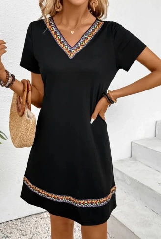 Kadın Kısa Kollu V Yakalı Etnik Desen şerit Detaylı Viskon Elbise