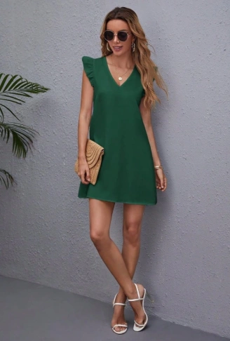 Kadın Kısa Kollu V Yakalı Ithal Krep Elbise