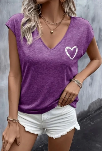 Kadın Kısa Kollu V Yakalı Kalp Baskılı Viskon Bluz