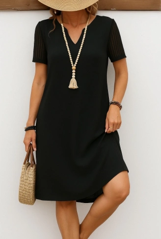 Kadın Kısa Kollu V Yakalı Kısa Janjan Krep Elbise