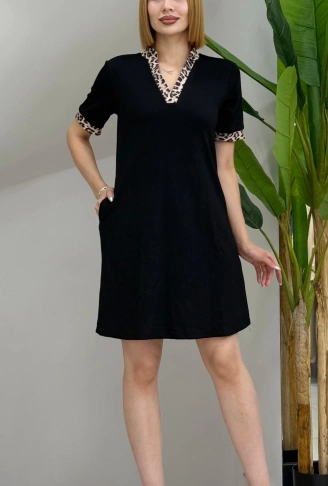 Kadın Kısa Kollu V Yakalı Leopar Desen Detaylı Modal Elbise