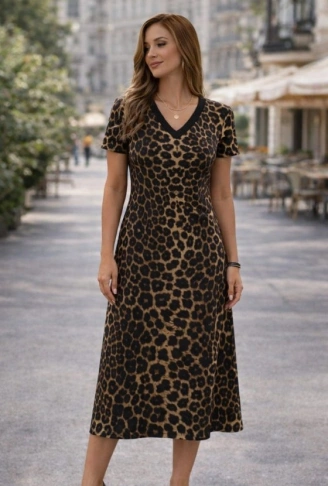 Kadın Kısa Kollu V Yakalı Leopar Desenli Kısa Süprem Elbise