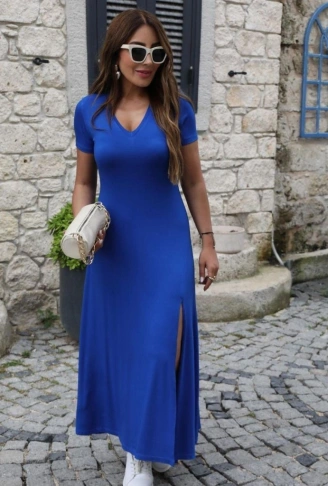 Kadın Kısa Kollu V Yakalı Maksi Boy Viskon Elbise