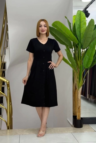 Kadın Kısa Kollu V Yakalı önden Düğmeli A Kesim Dokuma Elbise