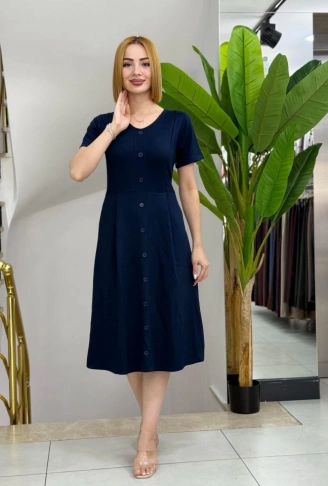 Kadın Kısa Kollu V Yakalı önden Düğmeli A Kesim Dokuma Elbise