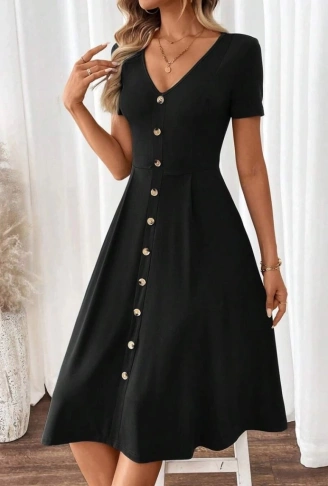 Kadın Kısa Kollu V Yakalı önden Düğmeli A Kesim Dokuma Elbise