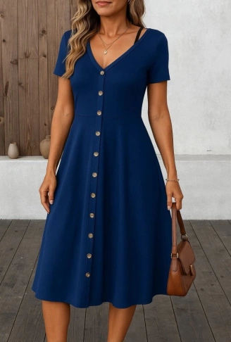 Kadın Kısa Kollu V Yakalı önden Düğmeli A Kesim Dokuma Elbise