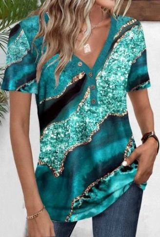 Kadın Kısa Kollu V Yakalı önden Düğmeli Baskılı Süprem Bluz