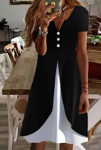 Kadın Kısa Kollu V Yakalı önden Düğmeli çift Renkli Viskon Elbise