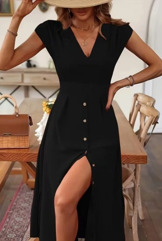 Kadın Kısa Kollu V Yakalı önden Düğmeli Midi Dokuma Viskon Elbise