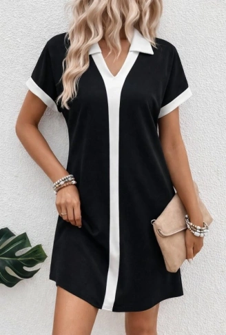 Kadın Kısa Kollu V Yakalı Onden şerit Detaylı Yakalı Kısa Janjan Krep Elbise