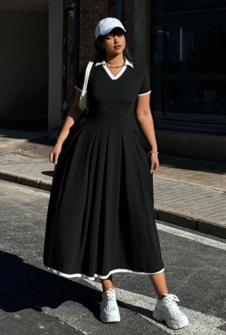 Kadın Kısa Kollu V Yakalı Pileli Uzun Janjan Krep Elbise