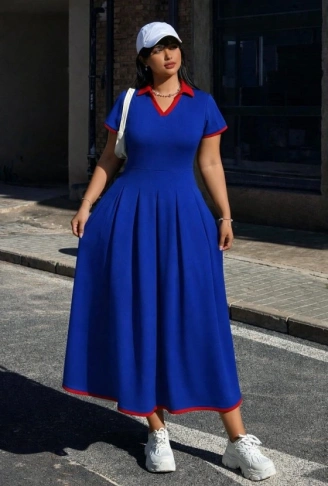 Kadın Kısa Kollu V Yakalı Pileli Uzun Janjan Krep Elbise