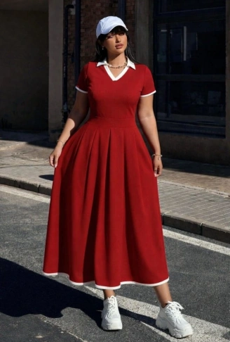 Kadın Kısa Kollu V Yakalı Pileli Uzun Janjan Krep Elbise